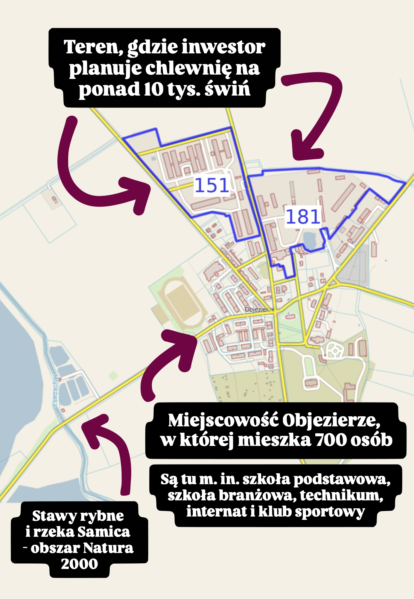 Mapa Objezierza z zaznaczonymi działkami 181 i 151 Mapa Objezierza z zaznaczonymi działkami 181 i 151